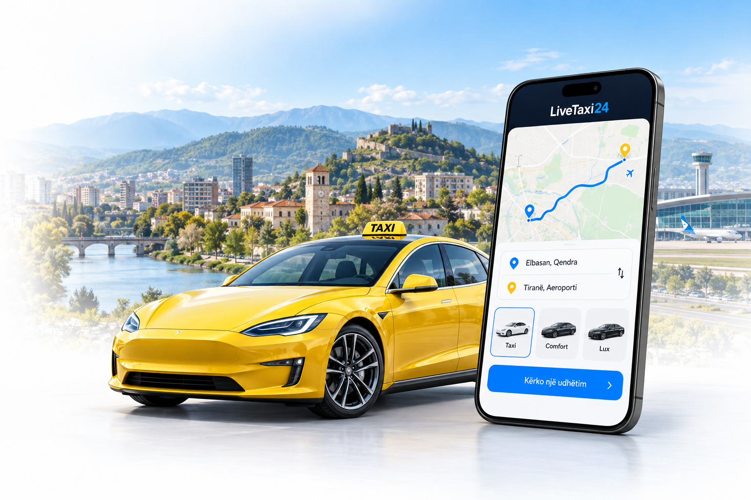 Paraqitje ilustruese e një taksie dhe aplikacionit LiveTaxi24